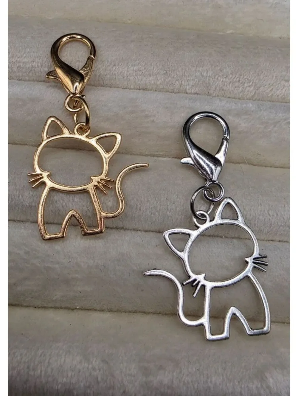 Gold and Silver Tone Cat Charm Keychain Set